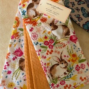 cupcakes & cashmere Floral Bunny Kitchen Towels in White, Brown & Orange